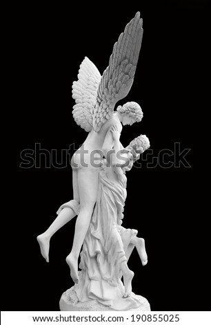Sculpture of an angel and woman isolated on black background, Black & White