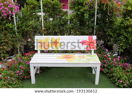 White bench in the garden - Wooden Bench in the garden
