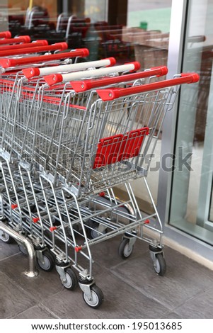 Supermarket shopping carts outside waiting to be used