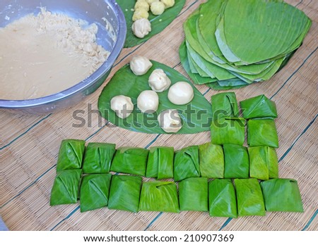 cooking thai sweet dessert original traditional style in banana leaf