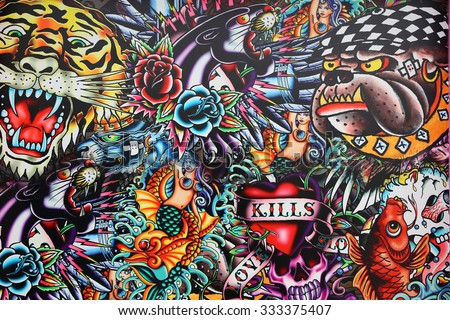 PRAJUABKIRIKHAN, THAILAND - OCTOBER 18: Board Show for Old School Tattoo background at Huahin on October 18, 2015 in Prajuabkirikhan, Thailand