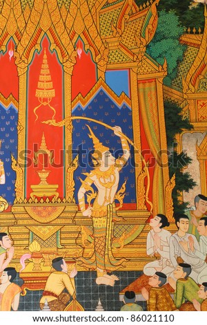 masterpiece of traditional Thai style painting art old about Buddha story on temple wall at Watmanow, Bangkok,Thailand
