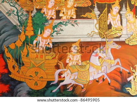 masterpiece of traditional Thai style painting art old about Buddha story on temple wall at Watmanow, Bangkok,Thailand
