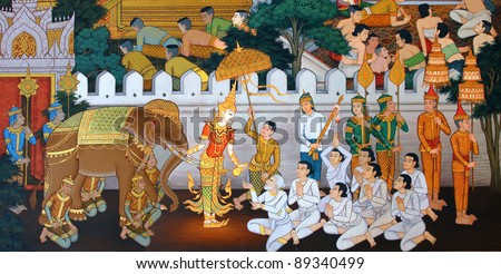 masterpiece of traditional Thai style painting art old about Buddha story on temple wall at Watmanow Bangkok Thailand masterpiece of traditional Thai style painting art old about Buddha story on temple wall at Watmanow Bangkok Thailand