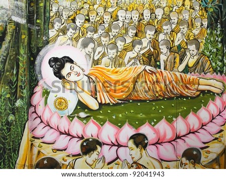 masterpiece of traditional Thai style painting art old about Buddha story on temple wall,  Bangkok,Thailand