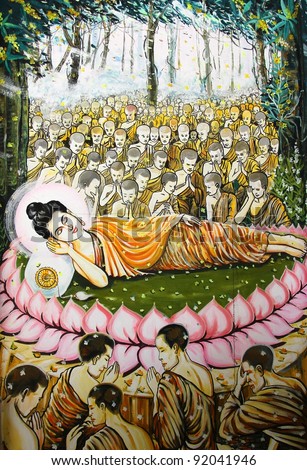 masterpiece of traditional Thai style painting art old about Buddha story on temple wall,  Bangkok,Thailand