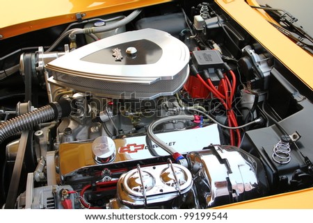SUPHANBURI, THAILAND - MARCH 31: Detail of Engine American muscle car Chevrolet exhibited at the annual motor show \
