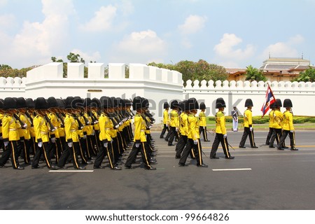 BANGKOK, THAILAND - APRIL 9: Soldiers Parade for the royal of cremation ceremony of royal funeral pyre of HRH Princess Petcharat Ratchasuda in sanam luang on April 9,2012 in Bangkok, Thailand