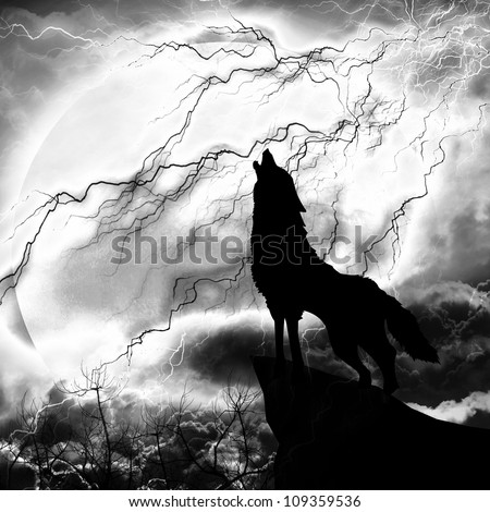 wolf in silhouette howling to thunderstorm