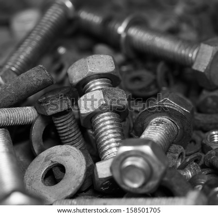 Detail of different metallic bolts and nuts