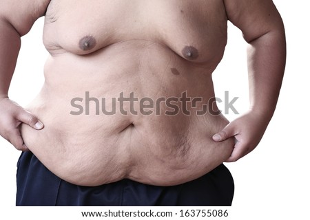 Fat man checking out his weight isolated on white background