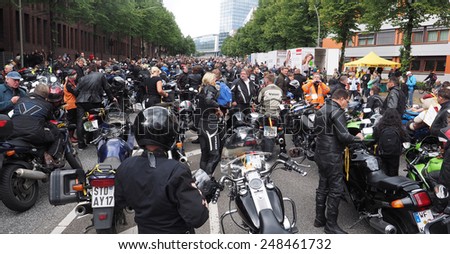 HAMBURG, GERMANY - JUNE 22, 2014:Devine worship for motor cycle drivers is a very big event. There where about 30.000 motor drivers on the mogo event in the center of the city Hamburg.