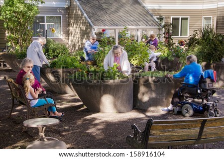 Residents Of An Assisted-Living Facility Tend Their Gardens In Wheelchair Accessible Containers.