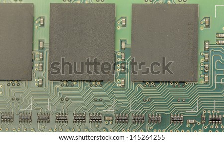 macro closeup of desktop computer memory with circuit lines