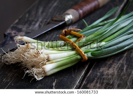 bunch of spring onions on wood