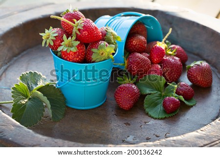 Strawberries in small pails on an old wooden textured plate