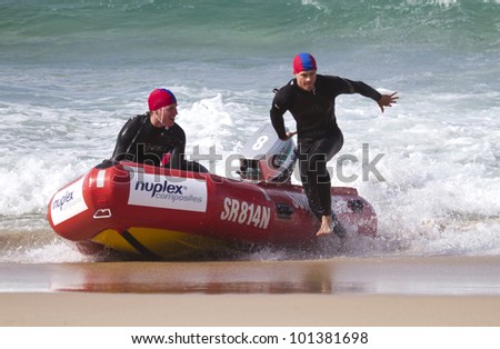 MOLLYMOOK, NSW, AUSTRALIA - APRIL 28 - Queenscliff Surf Life Saving Club competing at Round One of the NSW IRB Premiership hosted by Mollymook Surf Club at Mollymook Beach on the 28th of April 2012.