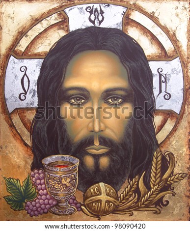 Jesus Christ with wine and bread symbols