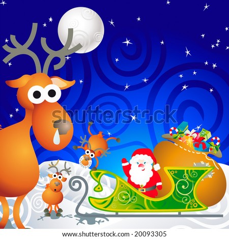 cartoon illustration with Santa, his sleigh and his reindeer