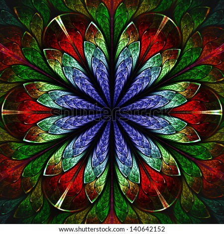 Beautiful fractal flower in blue, green and red. Computer generated graphics.