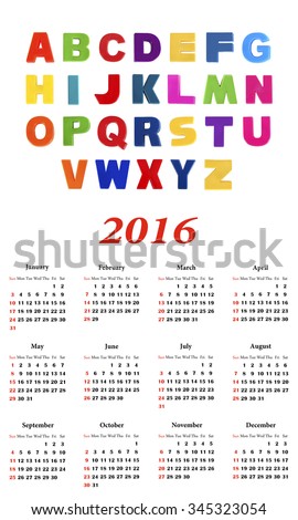 School Calendar for 2016 with the alphabet