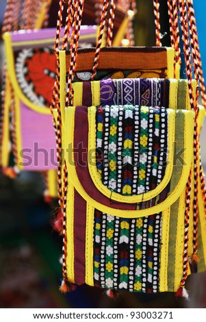 Handmade purse with traditional ornament. Turkmenistan. Ashkhabad market.
