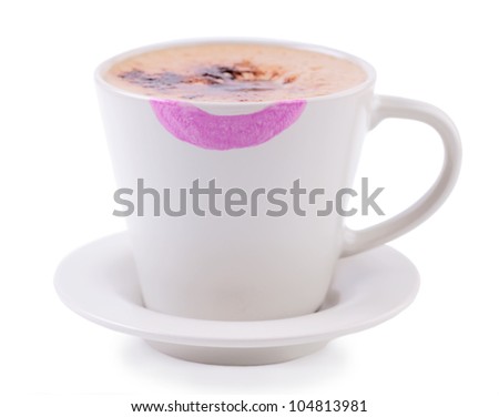 Coffee cup with lipstick print on white background