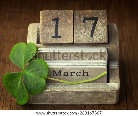Old vintage calender showing the date 17th of march which is St.Patricks day with lucky shamrock