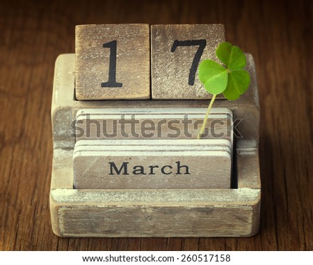 Old vintage calender showing the date 17th of march which is St.Patricks day with a lucky clover