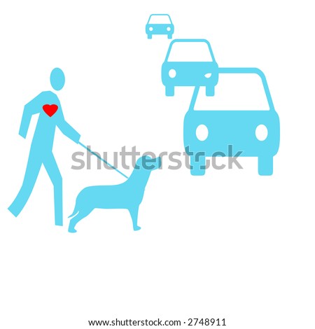walking a dog on a leash blue on white poster