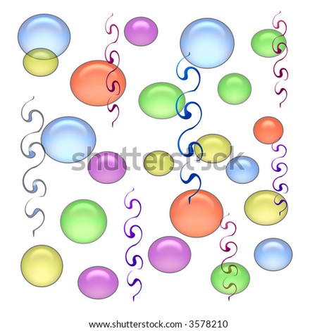 party balloons and streamers. stock photo : party balloons and streamers scattered on white background