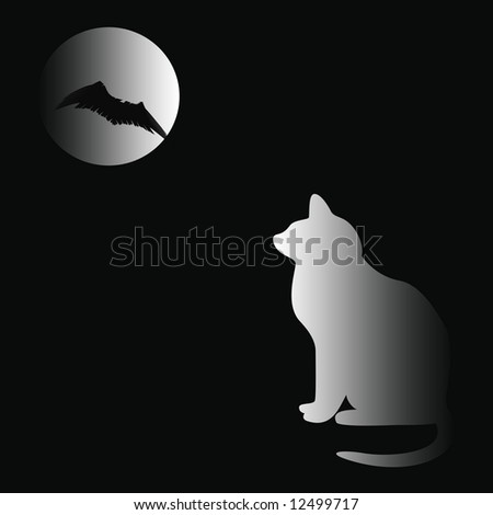 spooky Halloween poster, cat and moon with bat