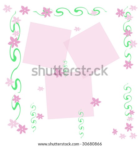 pink flowers and green vines on white background scrapbook frame