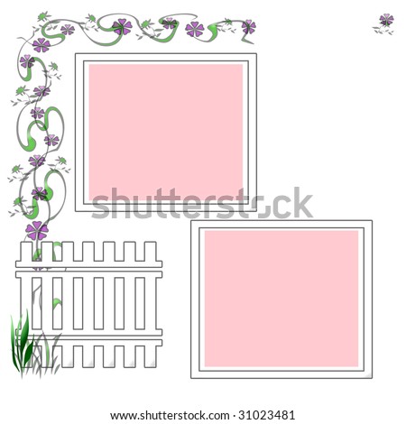 pink flowered fence and green vines on white background scrapbook frame