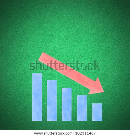 Arrow graph decrease concept on green background by cork board