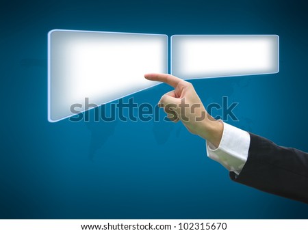 Business hand pointing on button with world map background