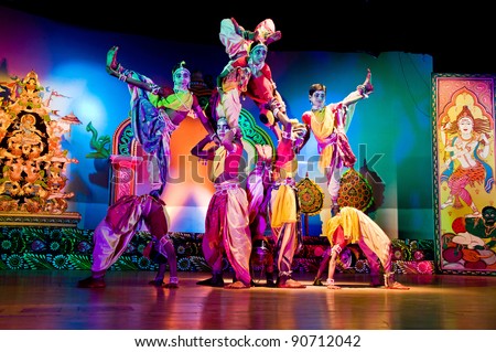 BHUBANESWAR, INDIA - NOVEMBER 24: An unidentified group of Male dancers wears traditional Ladies costume and performs Gotipua dance at Rabindra Mandap on November 24, 2011 in Bhubaneswar, India