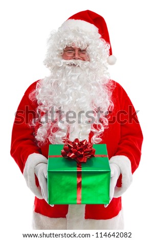 Santa Claus giving you a Christmas presents, isolated on a white background.