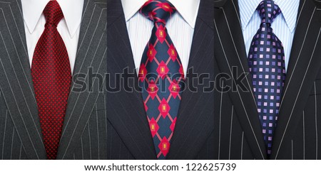 Triptych photo of a three pinstripe suits with shirt and ties.