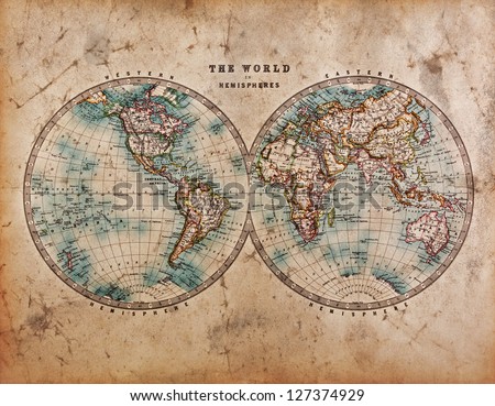 A genuine old stained World map dated from the mid 1800\'s showing Western and Eastern Hemispheres with hand colouring.