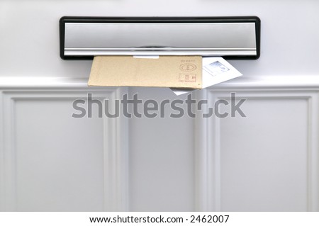 Two letters sticking out of a letterbox on a white door, space for copy
