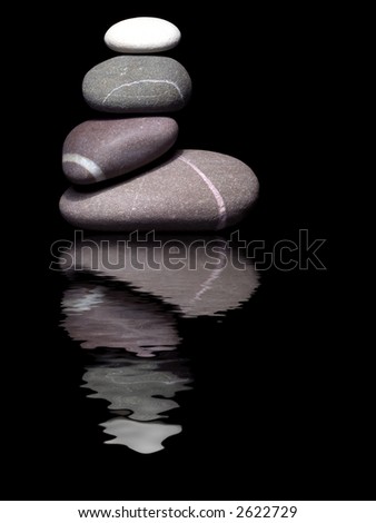 Pebble sculpture with harsh lighting from above on a black background with reflection
