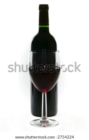 Glass and bottle of red wine, high key, isolated on white. High key.