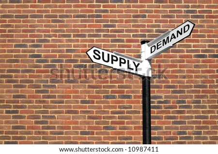 Concept image of a signpost with Supply and Demand against a brick wall