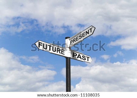 Concept image of a Future Past & Present signpost against a blue cloudy sky