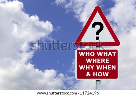 Signpost with the six most commonly asked questions, against a blue cloudy sky.