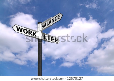 Concept lifestyle image of a signpost directing Work Life Balance against a blue cloudy sky.