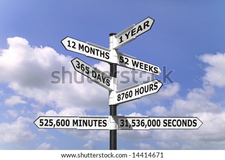 Time concept image of a signpost against a blue cloudy sky indicating one year split into months,weeks,days,hours,minutes and seconds.