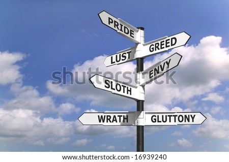 Concept image of a signpost with the seven deadly sins upon the arrows.