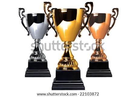 Gold Silver and Bronze trophies isolated on a white background